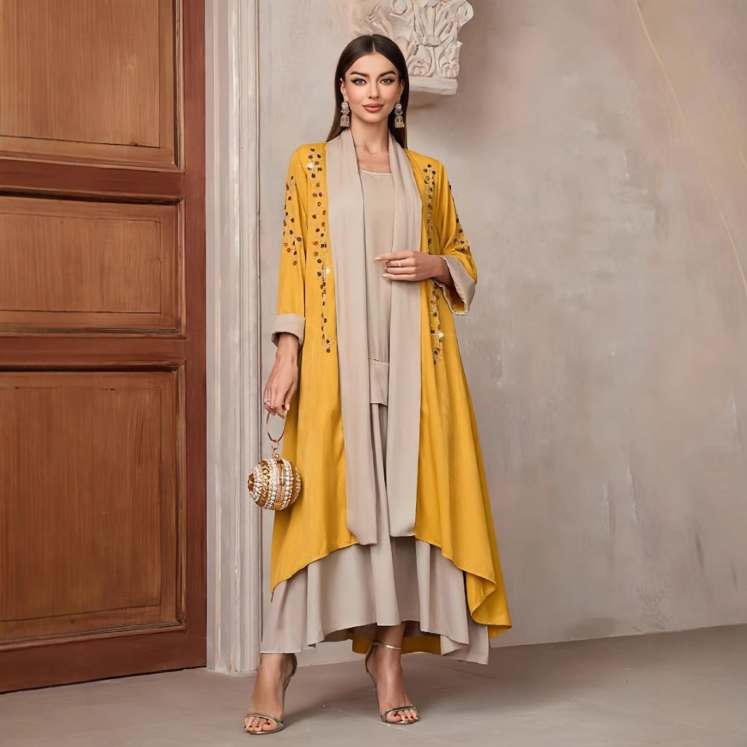 Dames Élégante longue veste Kaftan avec accent floral Chic und Stil