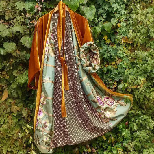 Chic und Stil | Satin Digital Floral Waist Belt Cardigan Pajamas