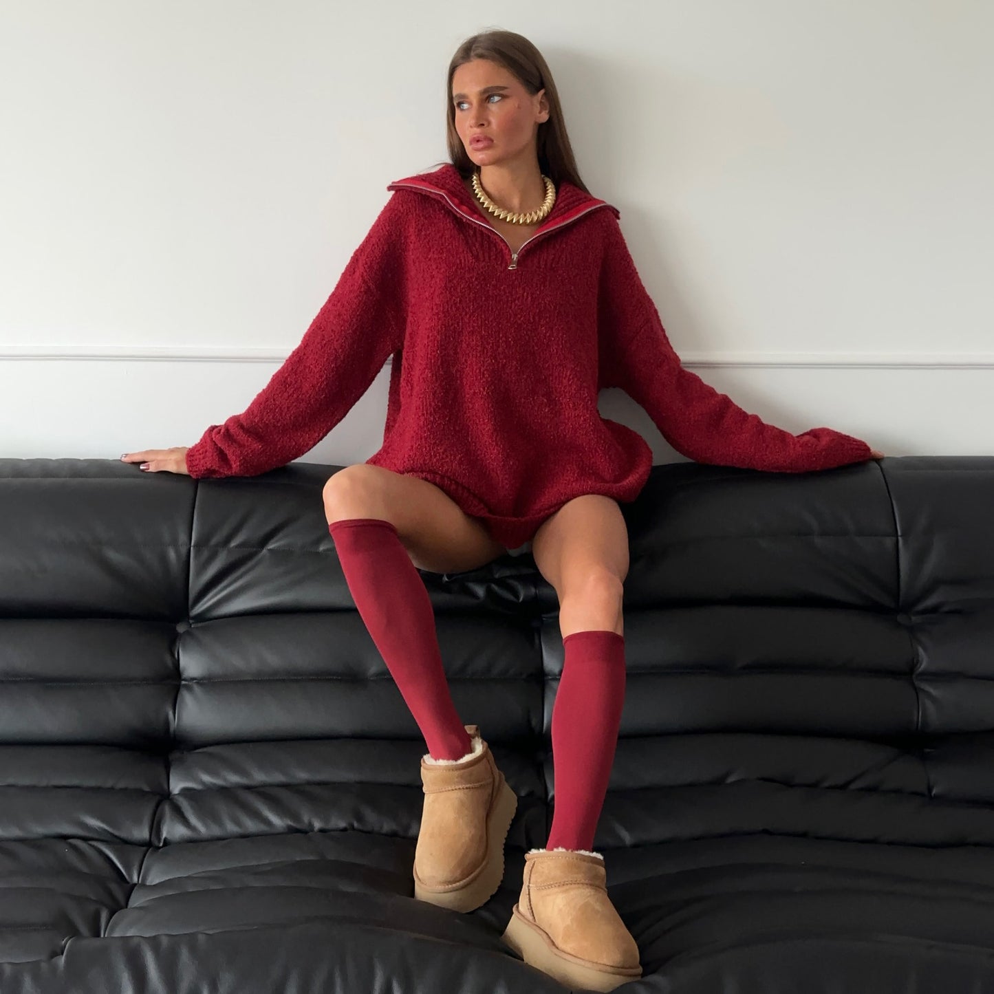 Pull en fleece surdimensionné pour femmes avec col haut et fermeture éclair Chic und Stil
