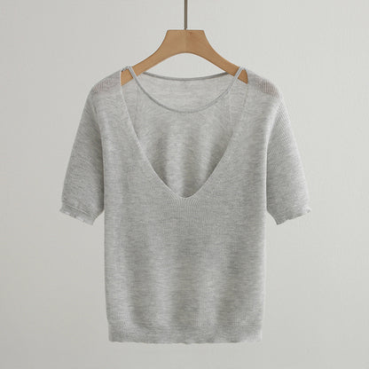Pull en tricot à col V décontracté pour femme à manches courtes Chic und Stil