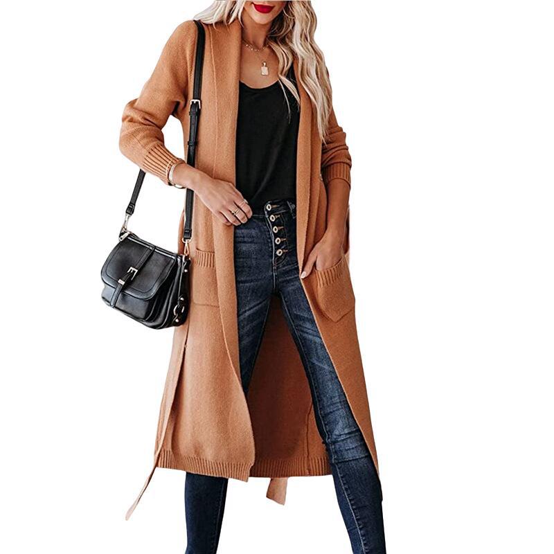 Dames élégant long Cardigan avec ceinture à la taille et poches Chic und Stil