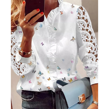 Chemisier femme avec appliques florales, détails volants et manches en dentelle Chic und Stil