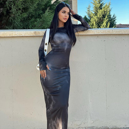 Dames Élégant robe maxi ajustée avec longues manches et drapés raffinés Chic und Stil