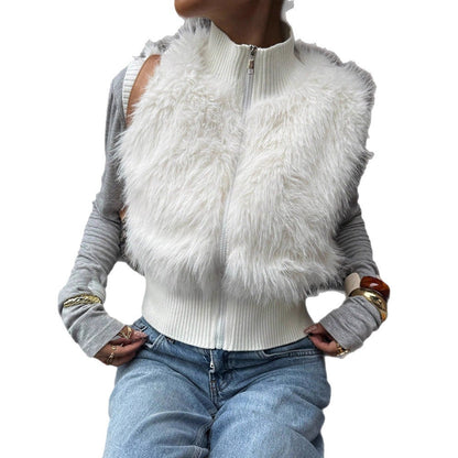 Dames gilet en tricot douillet avec fausse fourrure luxueuse Chic und Stil