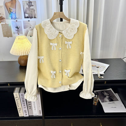 Dames cardigan en tricot ludique avec col enroulé et nœuds décoratifs Chic und Stil