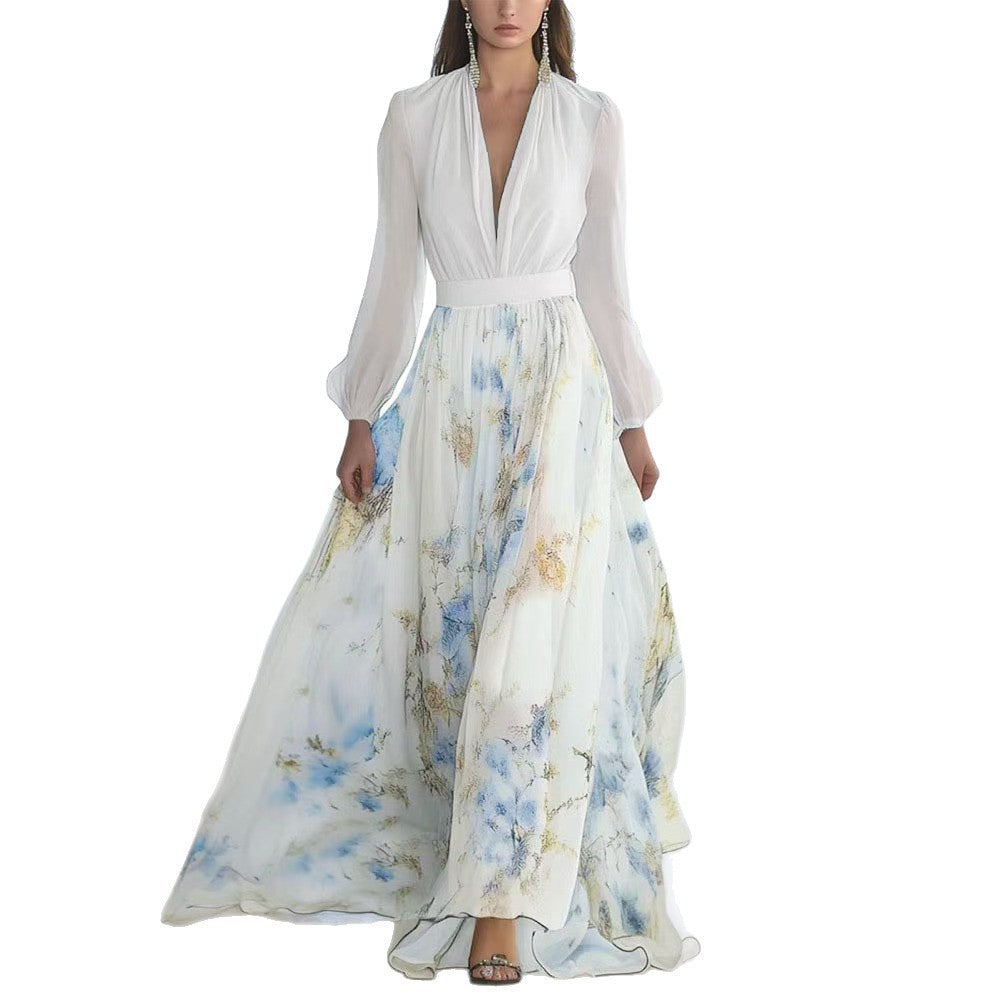 Robe maxi femme en chiffon floral avec des manches bouffantes élégantes Chic und Stil