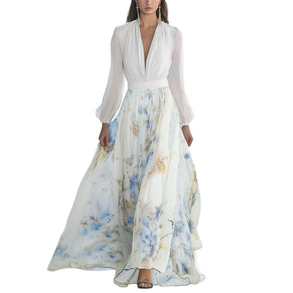Robe maxi femme en chiffon floral avec des manches bouffantes élégantes Chic und Stil