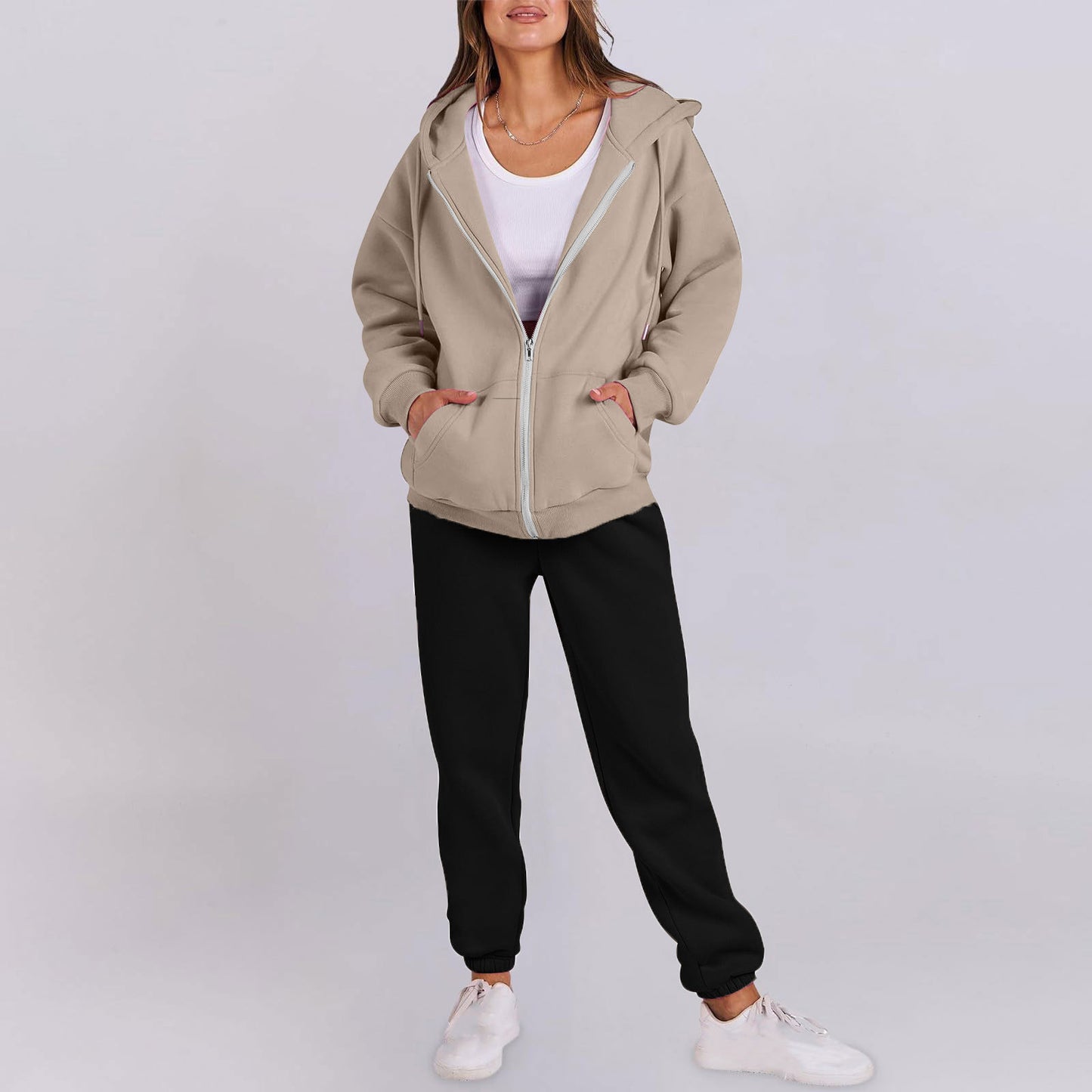 Women's casual zip-up hoodie with a comfortable fit and chic jogger pants