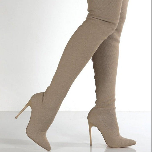 Bottes dames au genou avec un élégant talon et une structure en tricot de haute qualité Chic und Stil