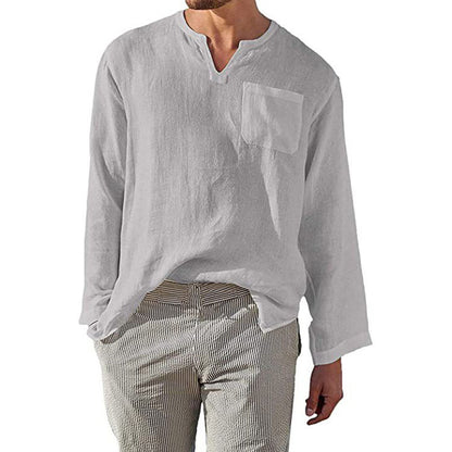 Chemise en lin pour hommes à manches longues avec col Henley et poche poitrine Chic und Stil