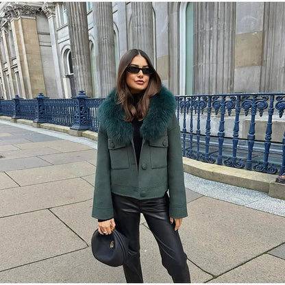 Dames élégante veste en laine avec col en fausse fourrure luxueuse Chic und Stil