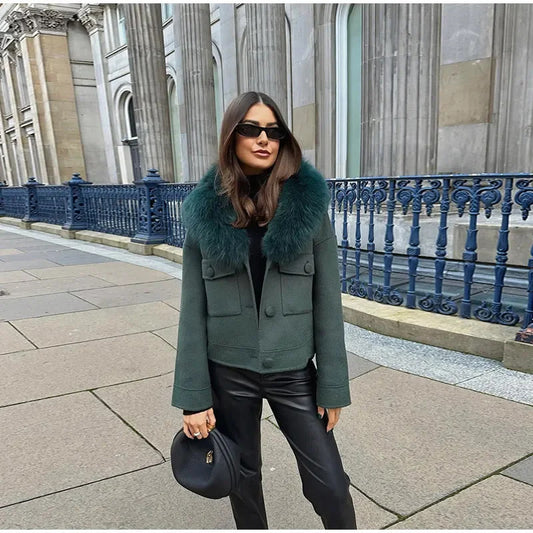 Dames élégante veste en laine avec col en fausse fourrure luxueuse Chic und Stil