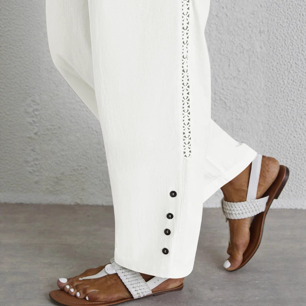 Women Elastic Waist Casual Cut Pants with Chic Button Details