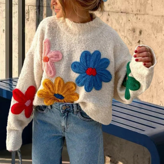 Dames Pull stylé avec design floral en relief Chic und Stil