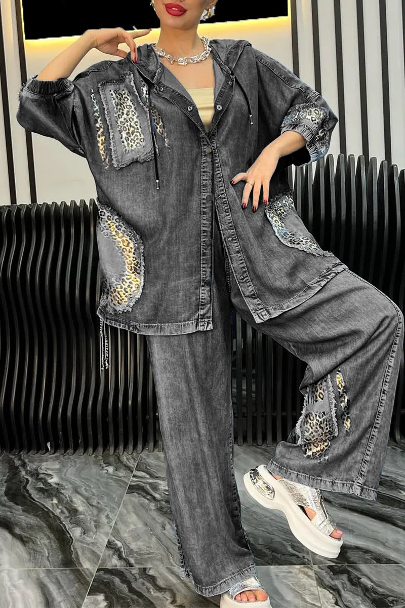 Fashionable women's jacket and pants set with chic animal print details