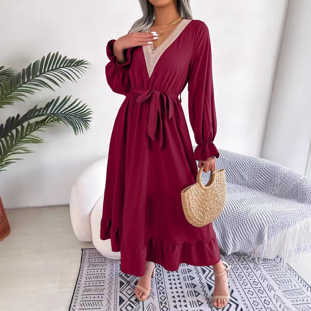 Ladies Elegant V-Neck Maxi Dress with Ruffled Hem Chic and Style