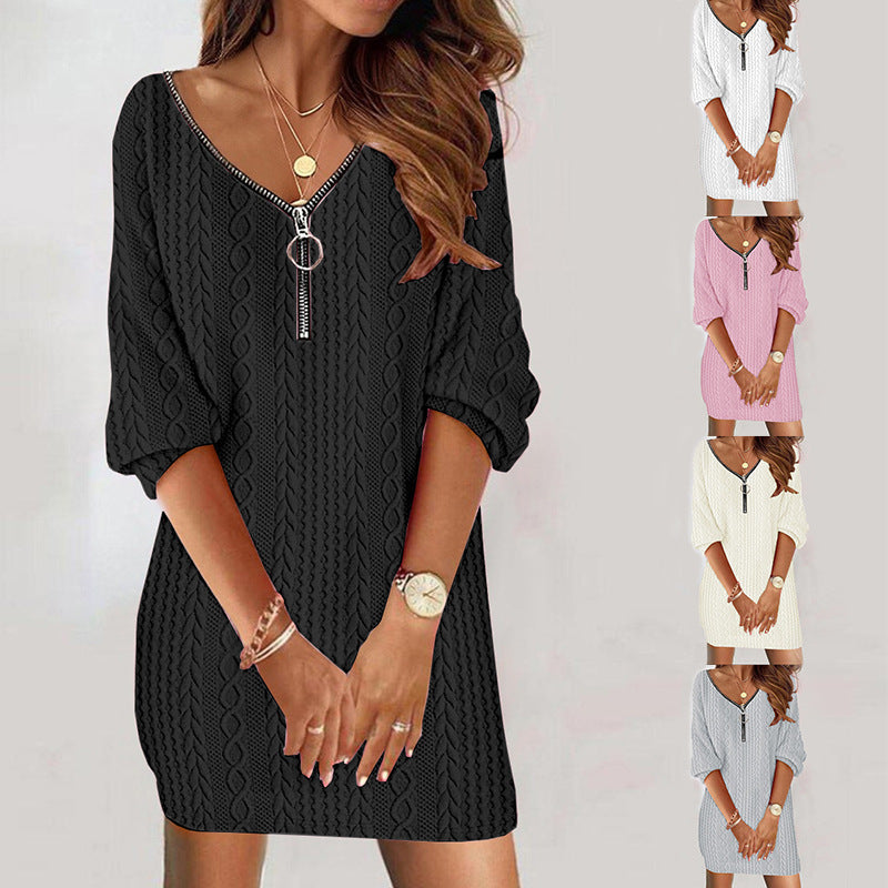 Robe en tricot pour femmes avec décolleté en V moderne et fermeture éclair Chic und Stil