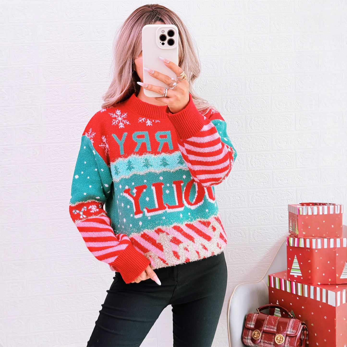 Pull en tricot festif pour femmes avec un design de Noël créatif Chic und Stil