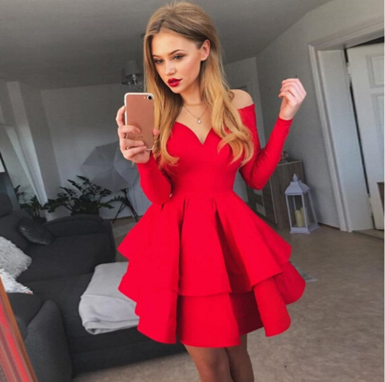 Femmes Robe de cocktail ludique sans épaules avec volants et décolleté en V profond Chic und Stil