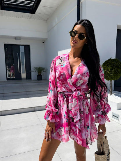 Women's Floral Print Wrap Dress with Tie Sleeves Chic und Stil