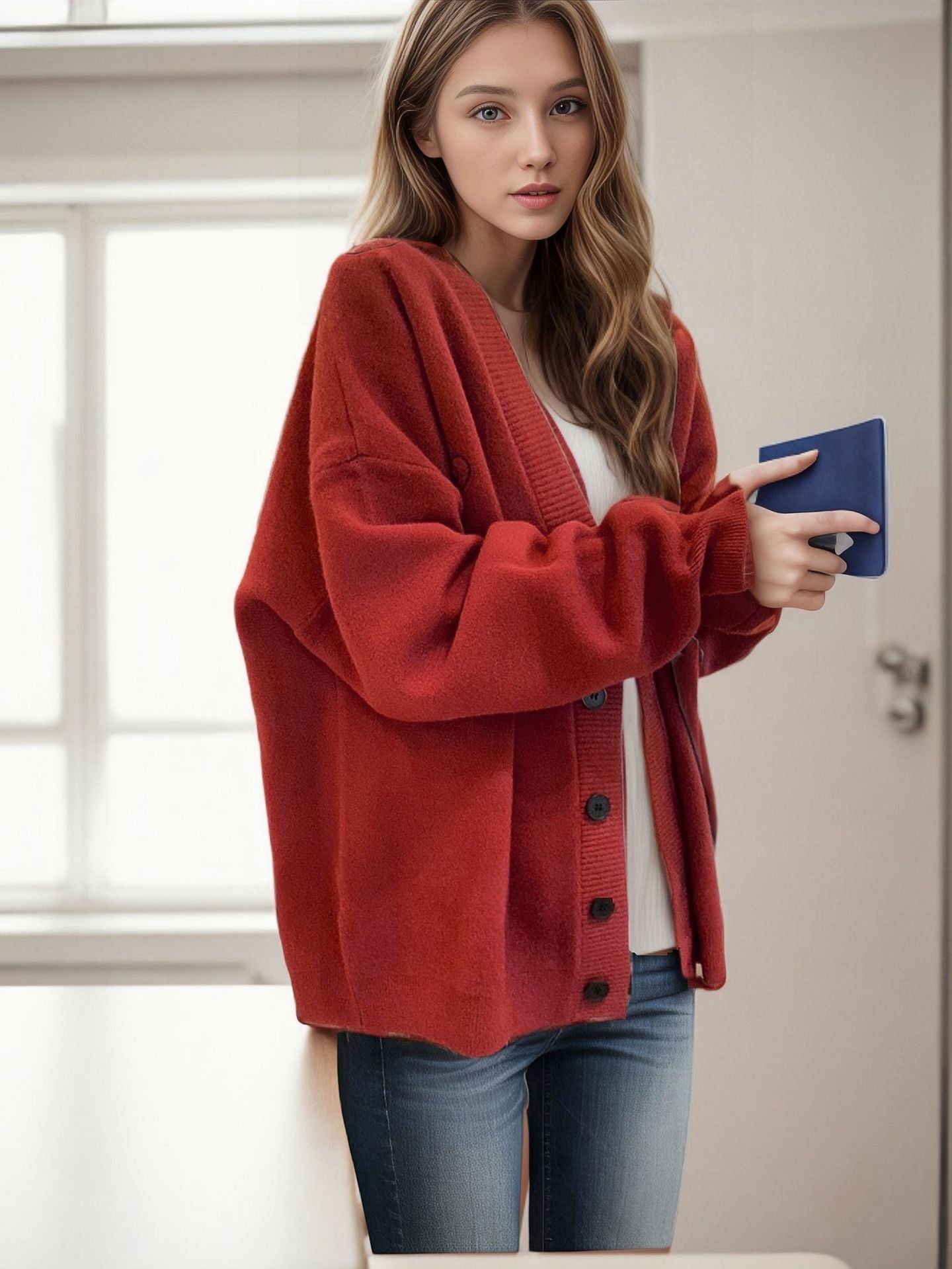 Dames Grobstrick Cardigan avec coupe oversize et motif cœur décoratif Chic und Stil