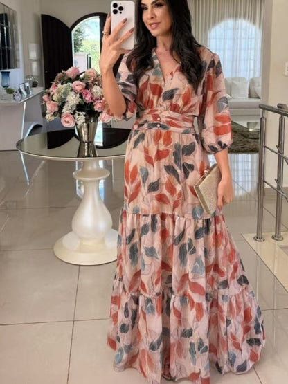 Robe maxi pour femmes avec décolleté en V décontracté, ceinture à la taille et manches volumineuses Chic und Stil