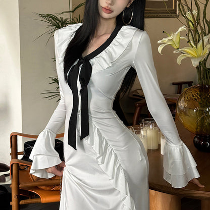 Dames Élégante Robe Maxi avec Détails Volants et Élégant Ruban à Nouer Chic und Stil