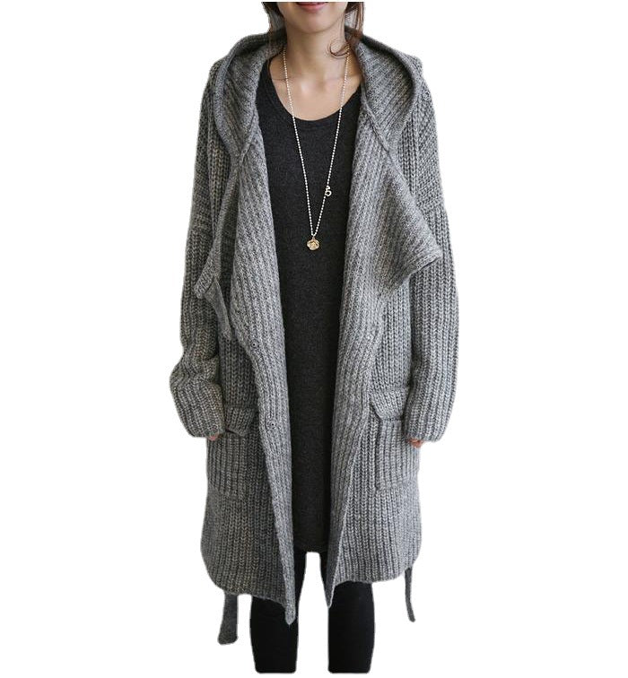 Dames gros manteau en tricot avec capuche et coupe ouverte Chic und Stil