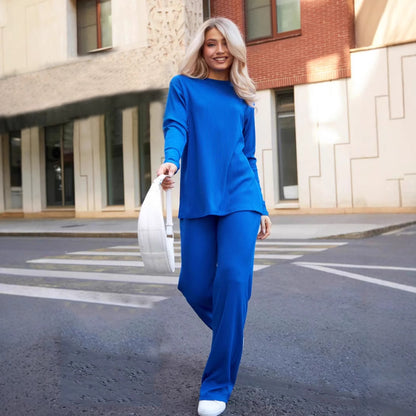 Women Comfortable knit set with long sleeve top and wide leg pants Chic and Style