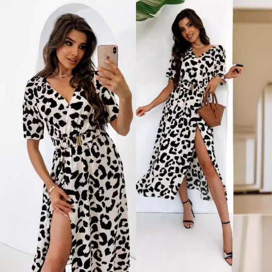 Femmes Luxe Imprimé Léopard Maxi Robe Chic und Stil