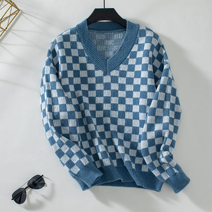 Pull femme décontracté à col en V avec motif à carreaux et coupe ample Chic und Stil