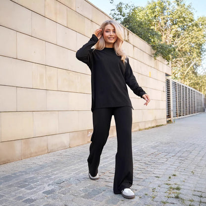 Women Comfortable knit set with long sleeve top and wide leg pants Chic and Style