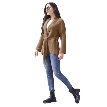 Cardigan tricot décontracté pour femmes avec ceinture à la taille et coutures d'épaules Chic und Stil