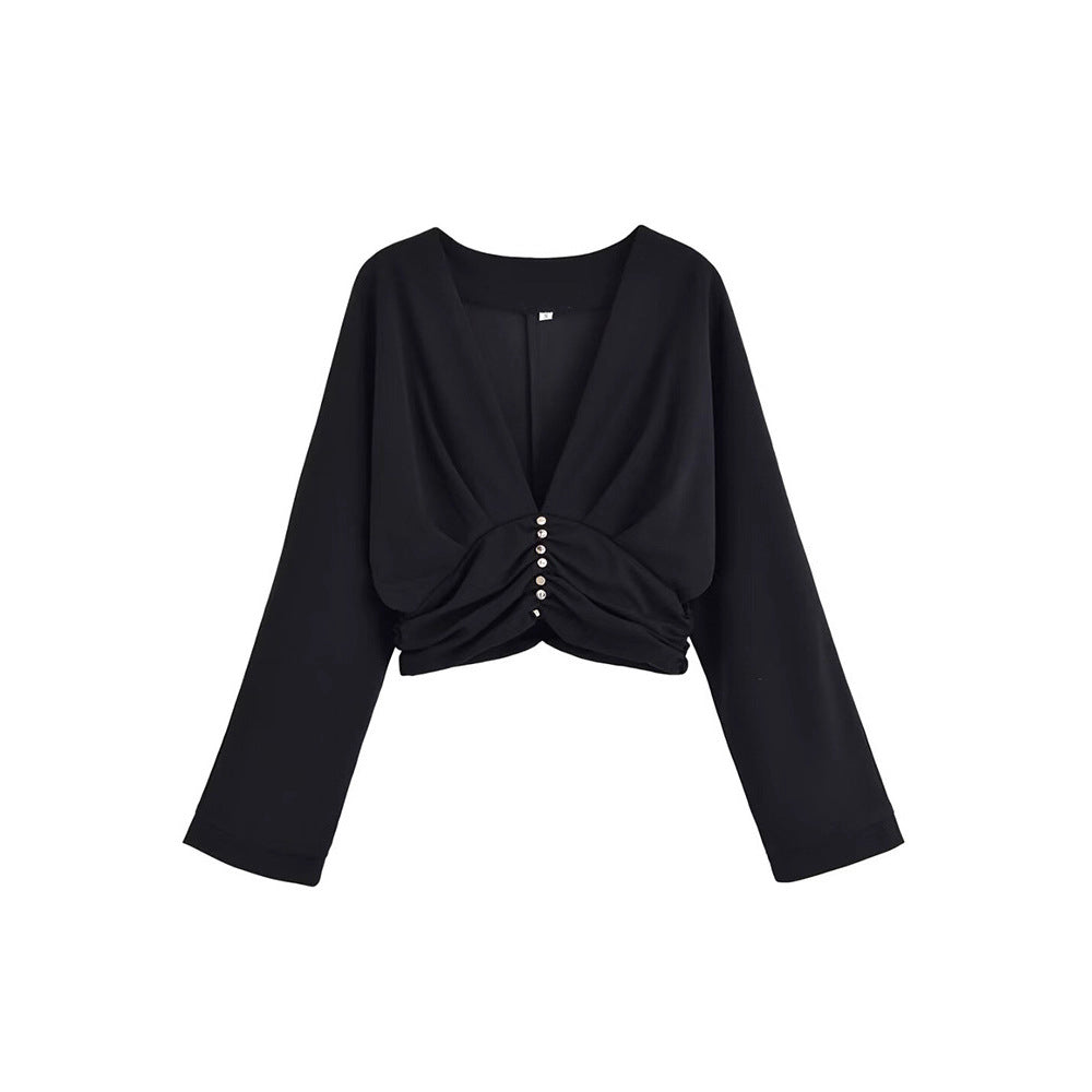 Dames haut élégant avec décolleté en V profond et design de ruché raffiné Chic und Stil