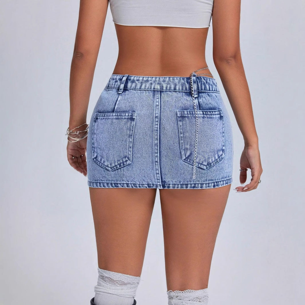 Jupe en denim mini taille haute pour femmes avec effet de lavage à la mode et poches latérales Chic und Stil