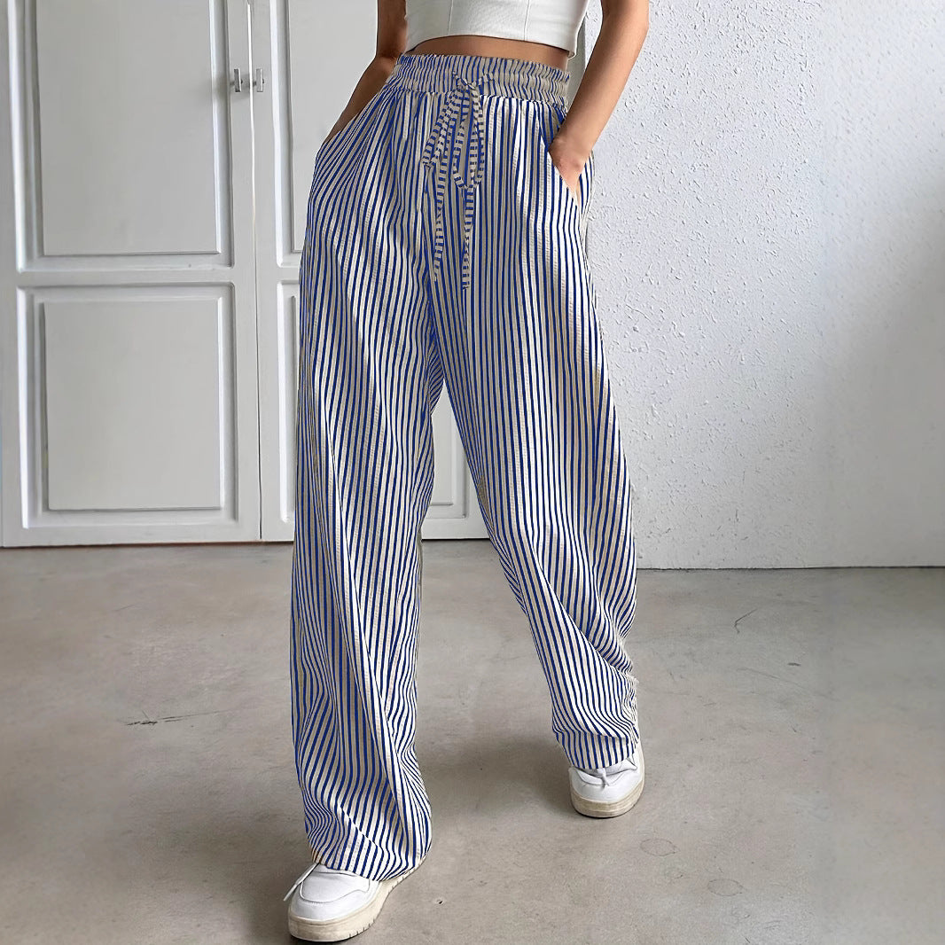 Wide striped pants for ladies with elastic waistband and pockets Chic and Style