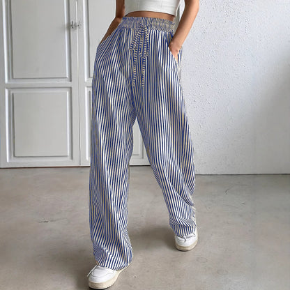 Wide striped pants for ladies with elastic waistband and pockets Chic and Style