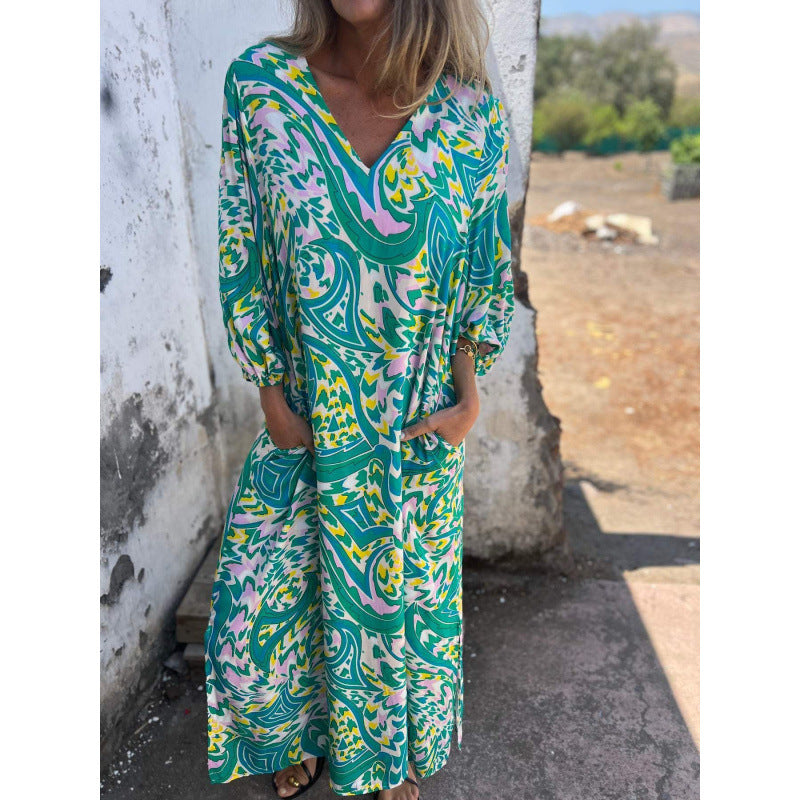 Robe maxi décontractée pour femmes avec décolleté en V et manches volumineuses Chic und Stil
