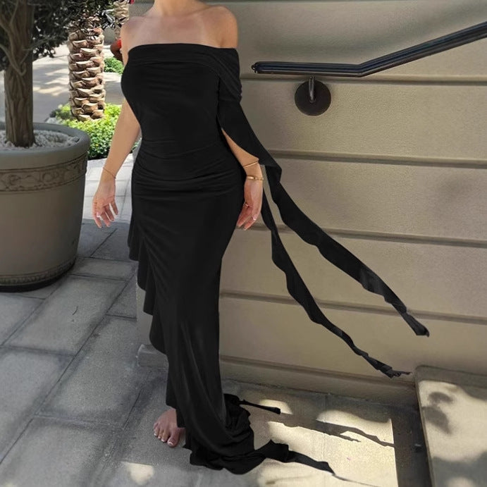 Dames Élégante Robe Maxi Off-Shoulder avec Ourlet Asymétrique et Détails Volants Chic und Stil