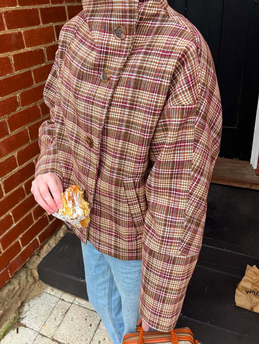 Ladies Oversized Checked Jacket with High Collar and Single Button Placket Chic and Style