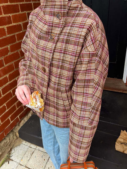 Ladies Oversized Checked Jacket with High Collar and Single Button Placket Chic and Style