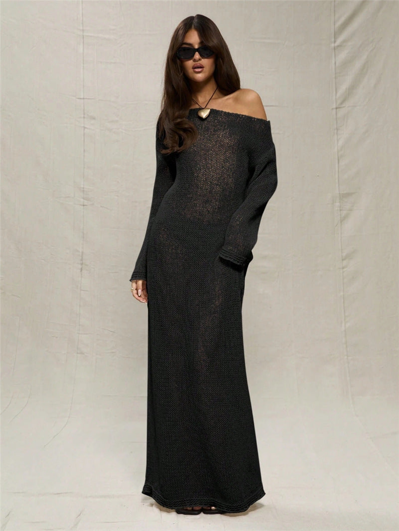 Robe maxi femme en crochet léger avec design off-shoulder Chic und Stil