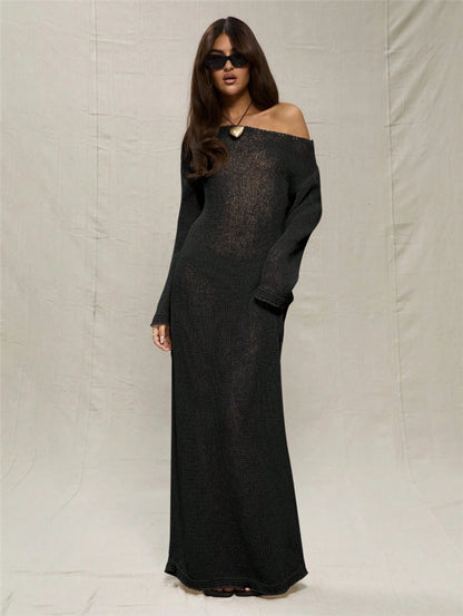 Robe maxi femme en crochet léger avec design off-shoulder Chic und Stil