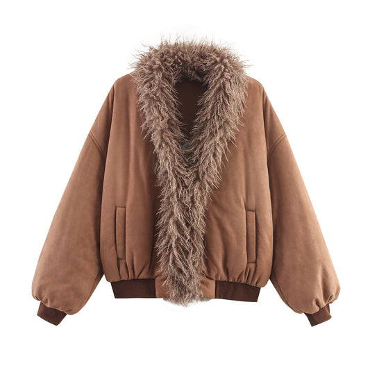 Pull de femme à manches courtes à la mode avec col en fausse fourrure luxueuse Chic und Stil
