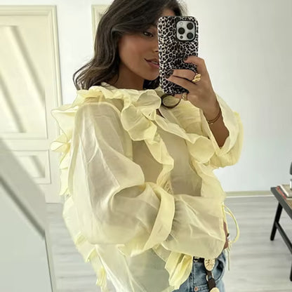 Chemisier à volants pour femmes avec des manches volumineuses et ludiques et un lien sur le côté Chic und Stil