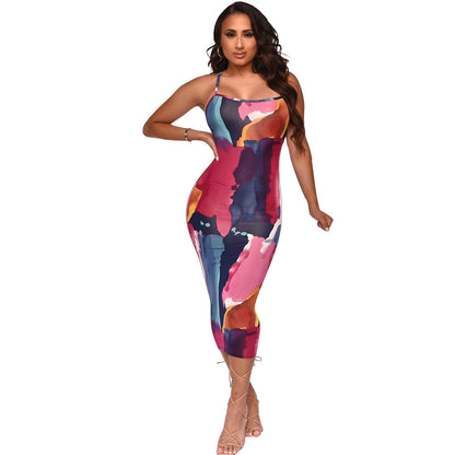 Women's Chic and Elegant Abstract Pattern Fitted Midi Dress