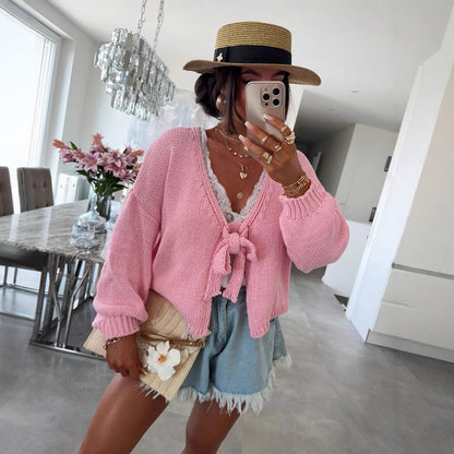 Dames gilet décontracté en tricot avec fermeture à nouer et manches larges Chic und Stil