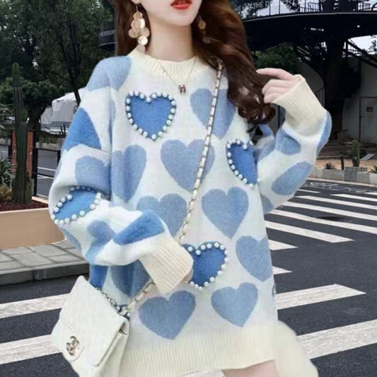 Dames Pull en tricot à motifs avec applications en forme de cœur et col en rib Chic und Stil
