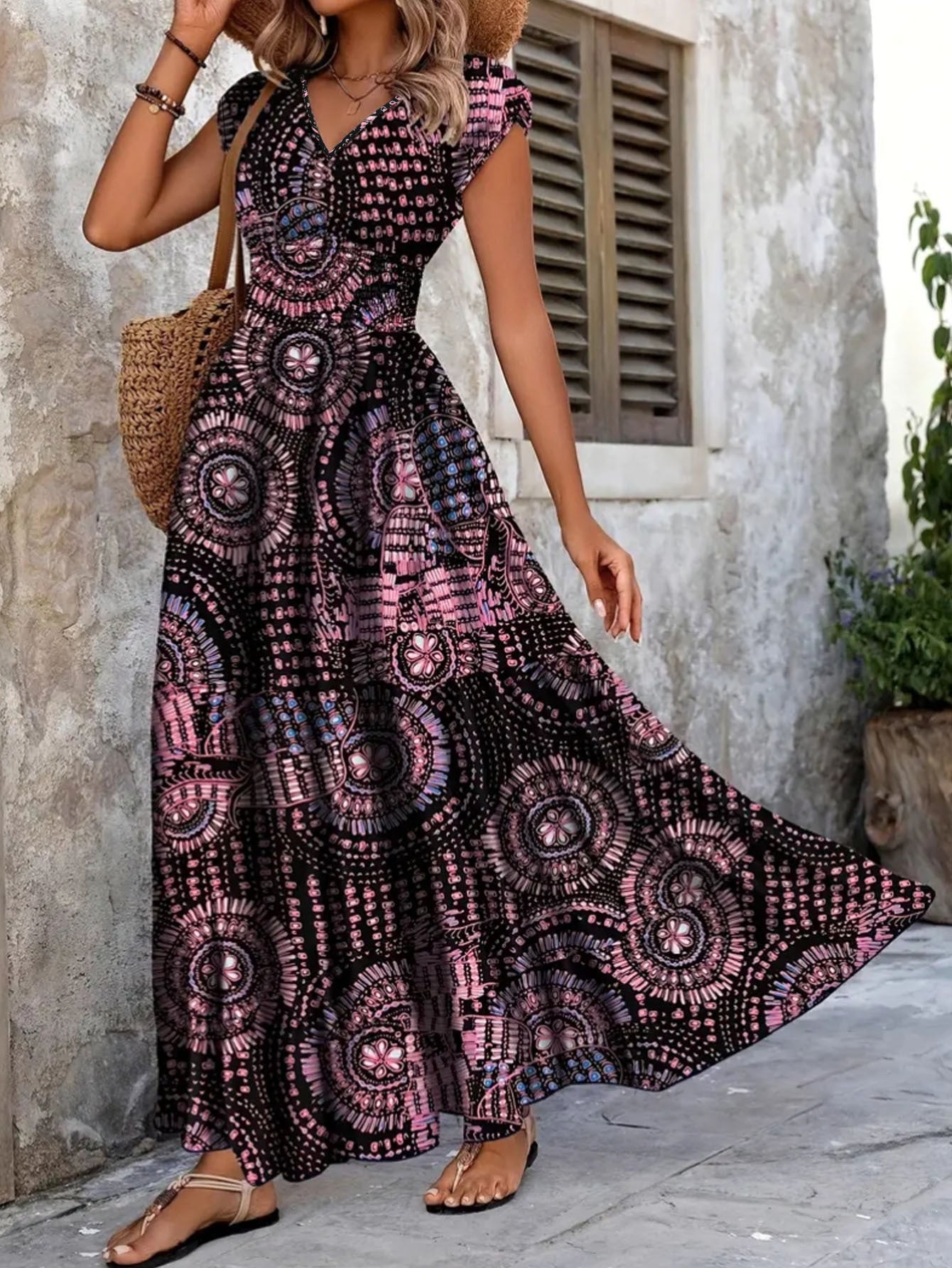 Robe Maxi pour femmes avec design floral et décolleté en V flatteur Chic und Stil
