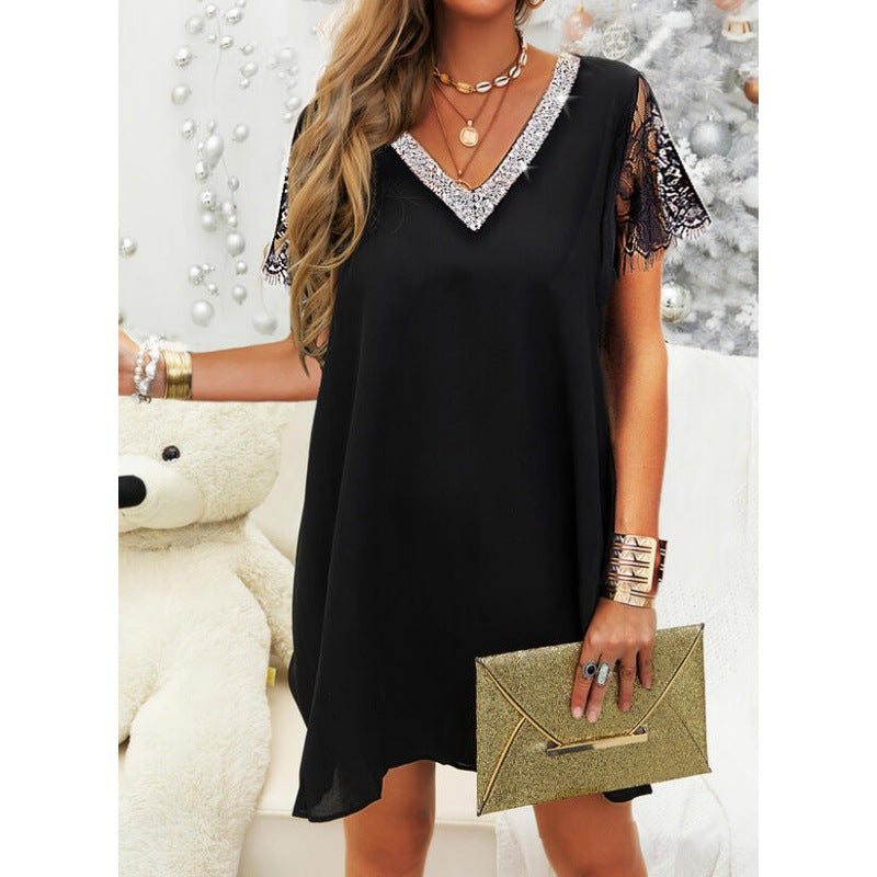 Robe shift élégante à décolleté en V pour femmes avec manches en dentelle Chic und Stil
